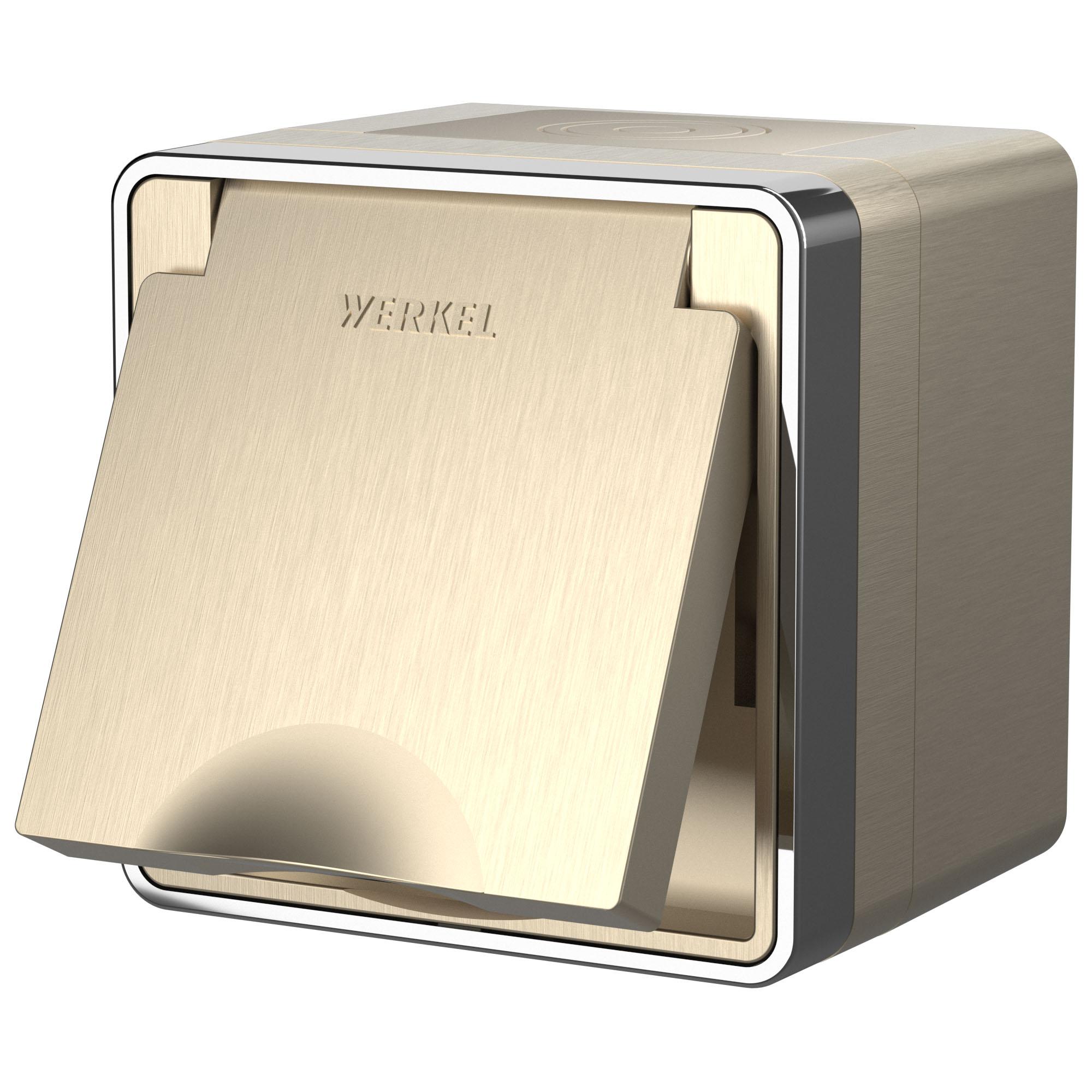 Розетка влагозащищенная с заземлением с защитной крышкой и шторками Gallant шампань рифленый Werkel