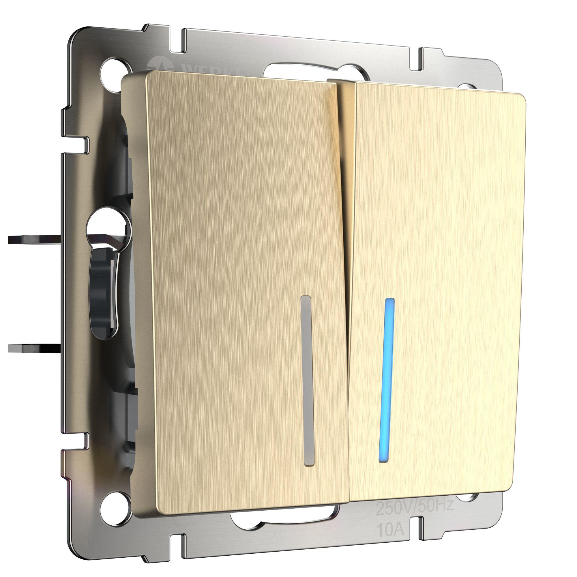 Выключатель двухклавишный проходной с подсветкой шампань рифленый Werkel W1122110