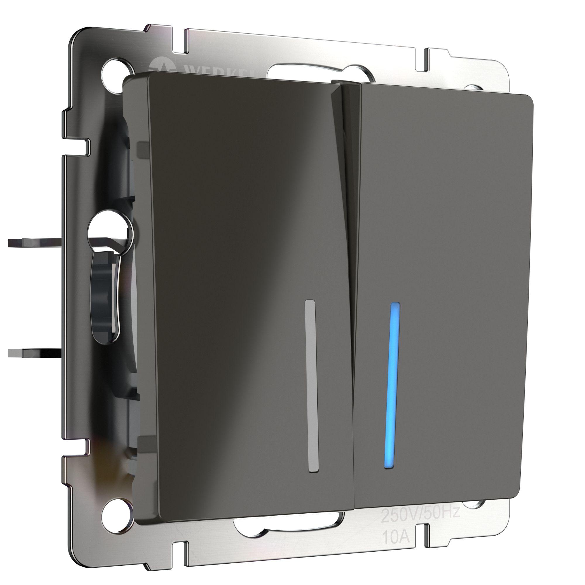 Выключатель двухклавишный проходной с подсветкой серо-коричневый Werkel WL07-SW-2G-2W-LED