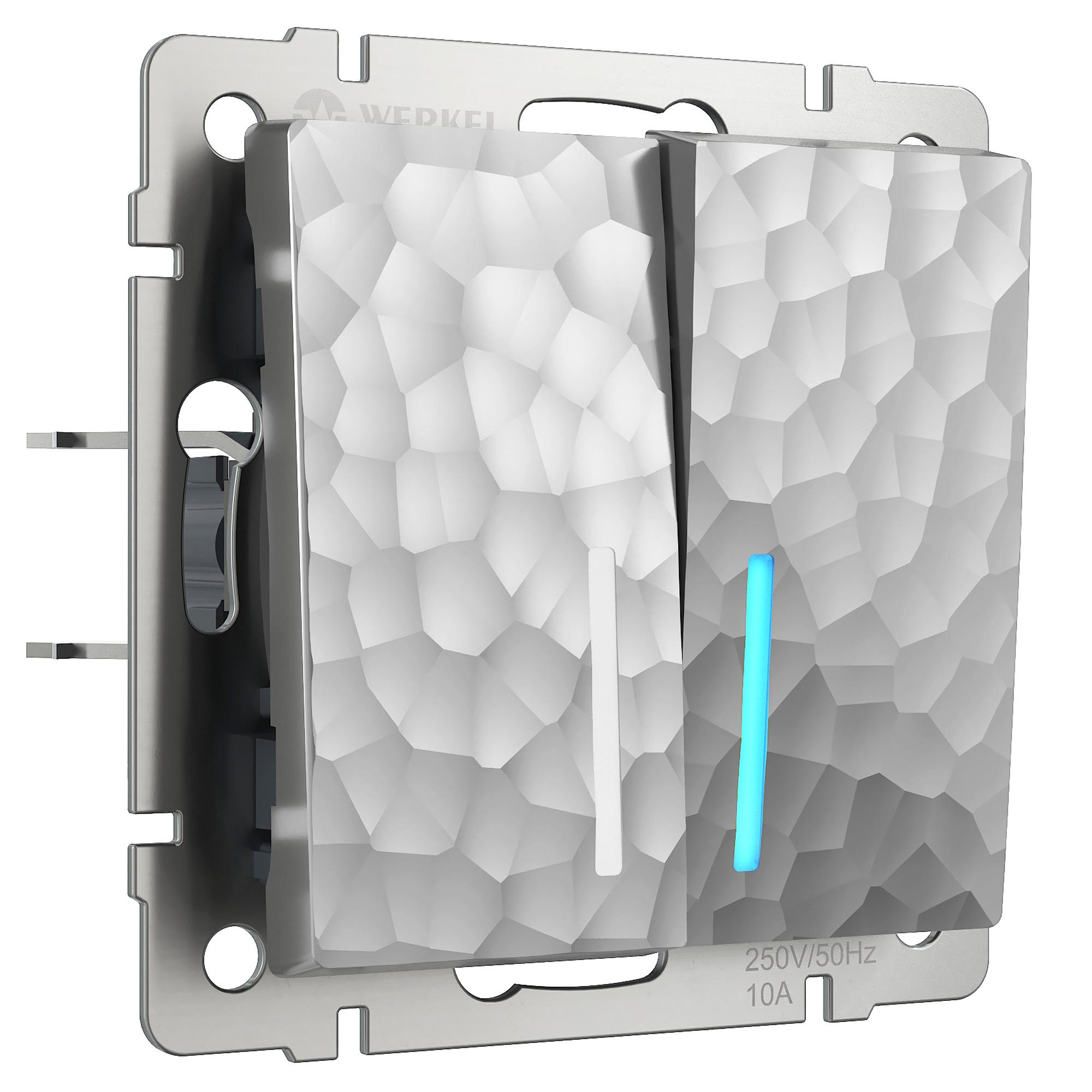 Выключатель двухклавишный проходной с подсветкой серебряный Werkel W1222106