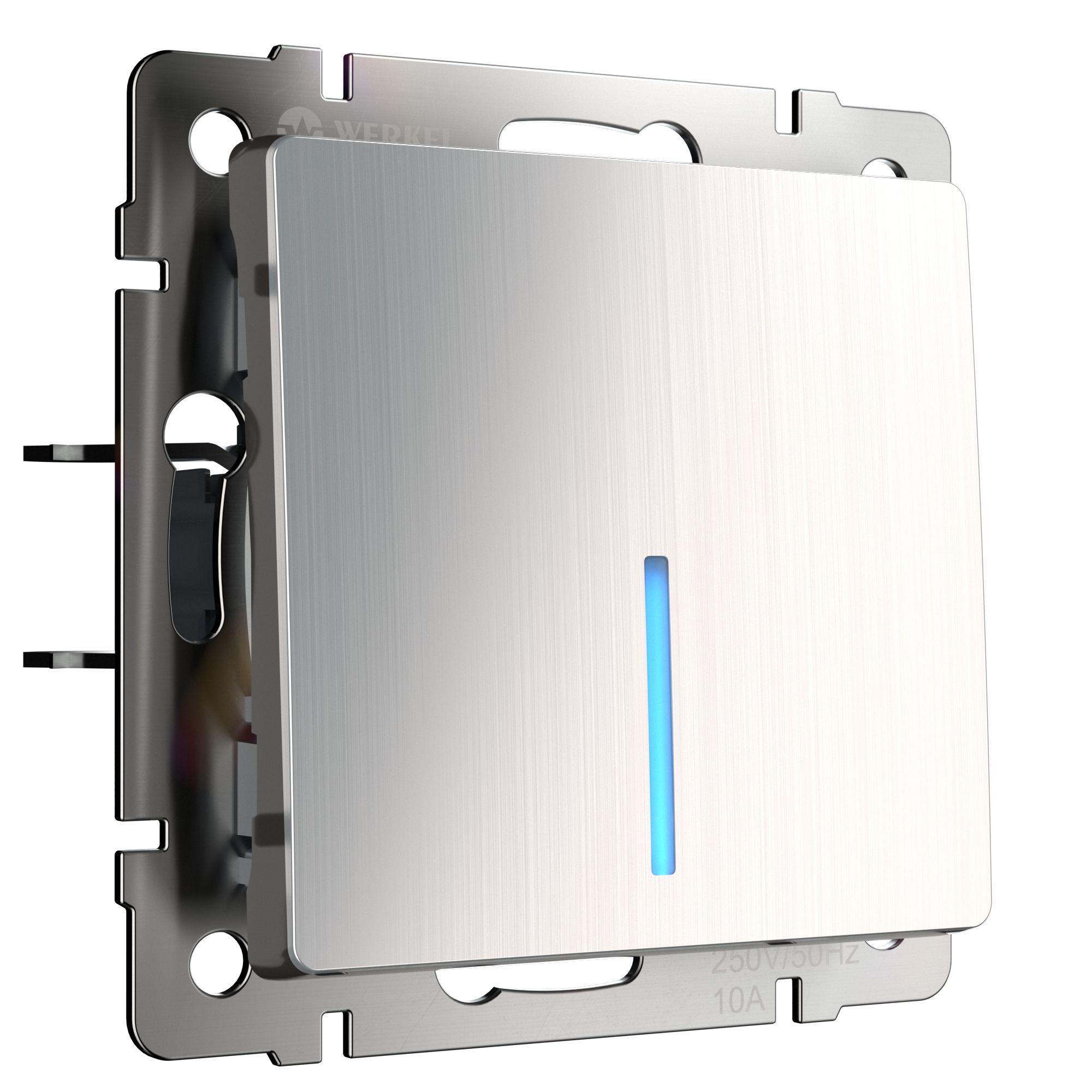 Выключатель одноклавишный проходной с подсветкой глянцевый никель Werkel W1112102