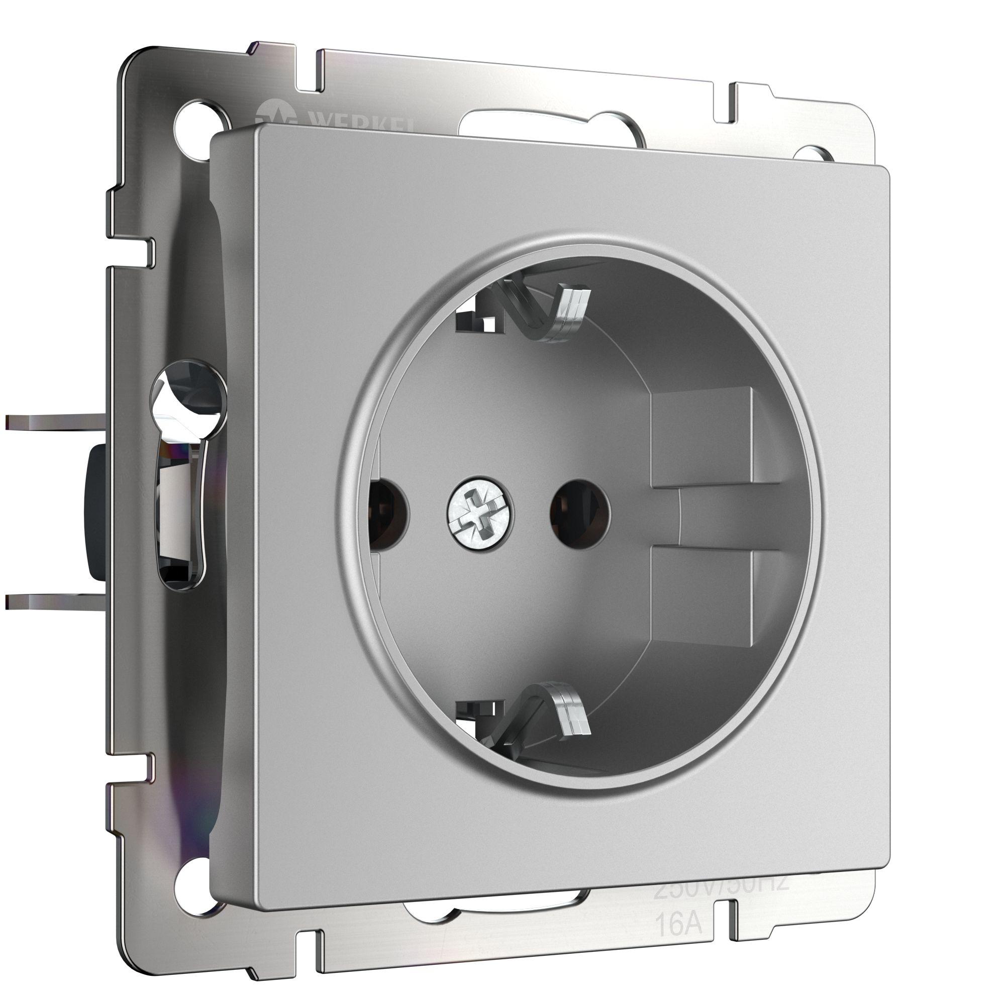 Розетка с заземлением. безвинтовой зажим серебряный Werkel W1171306