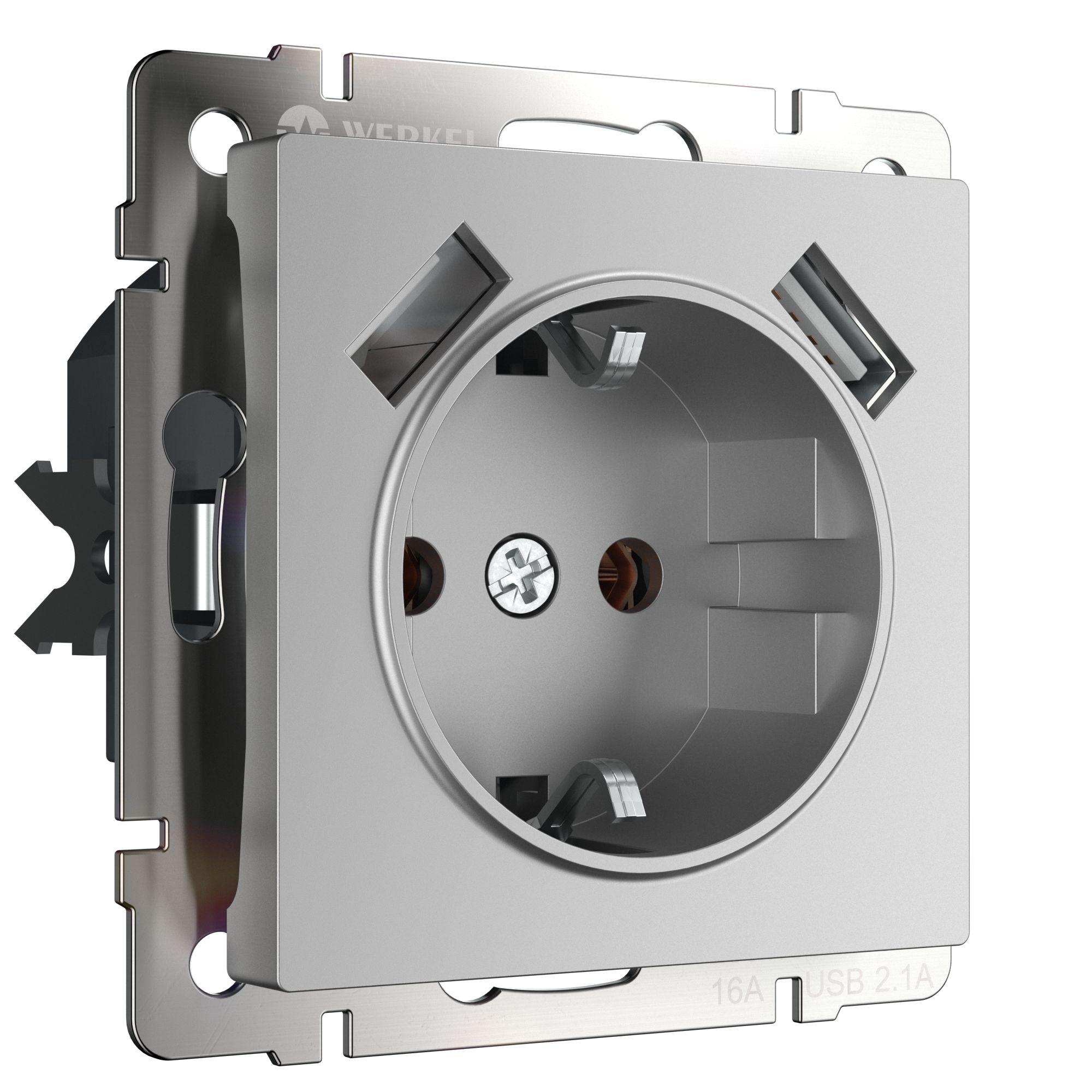 Розетка с заземлением, шторками и USBх2 серебряный Werkel W1171506