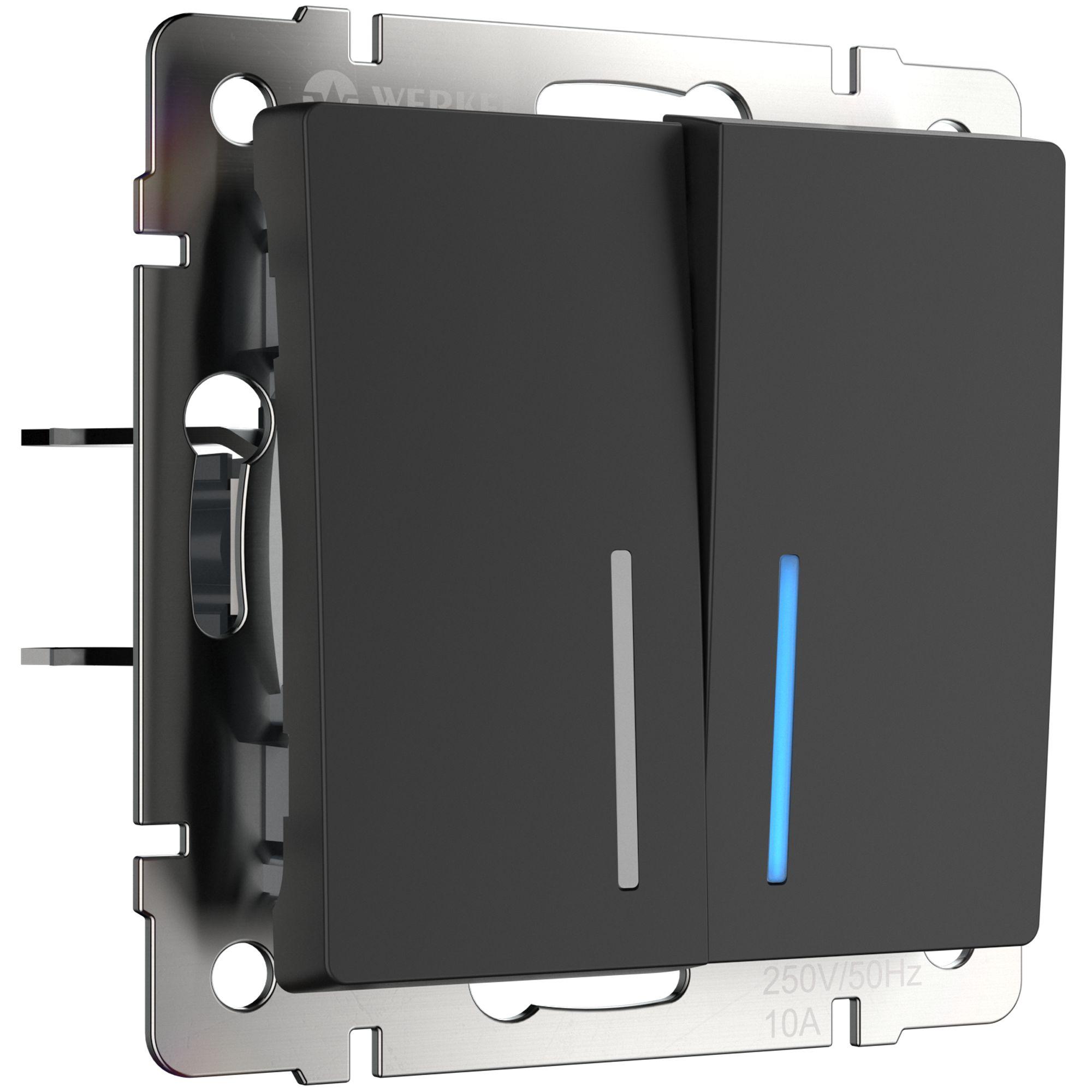 Выключатель двухклавишный с подсветкой черный матовый Werkel W1120108