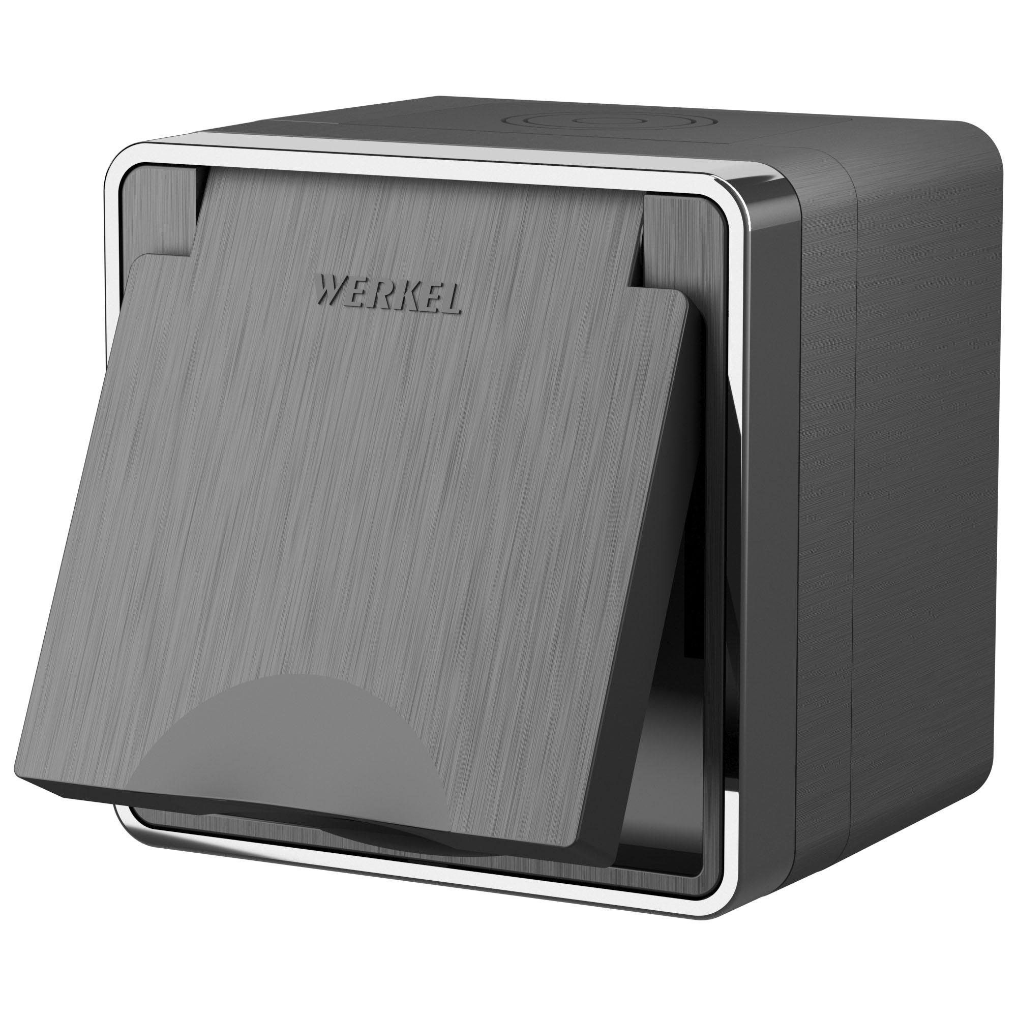 Розетка влагозащищенная с заземлением с защитной крышкой и шторками Gallant графит рифленый Werkel W