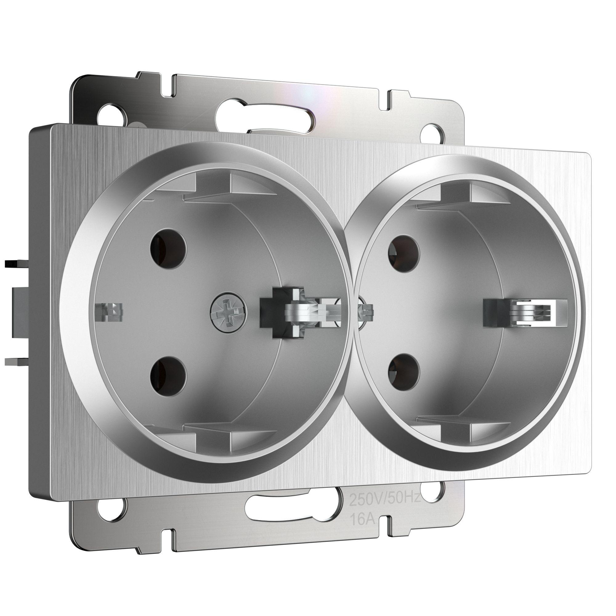 Розетка двойная с заземлением серебряный рифленый Werkel W1172009