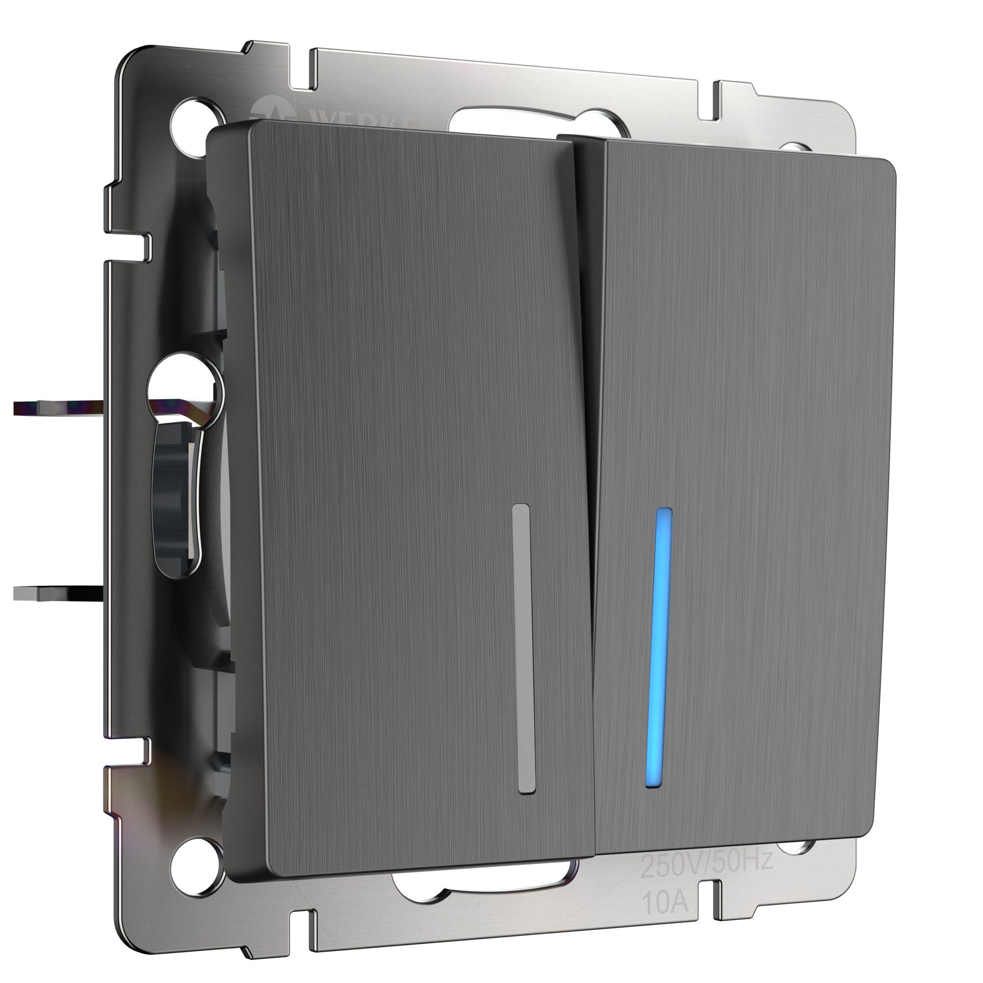 Выключатель двухклавишный проходной с подсветкой графит рифленый Werkel W1122104