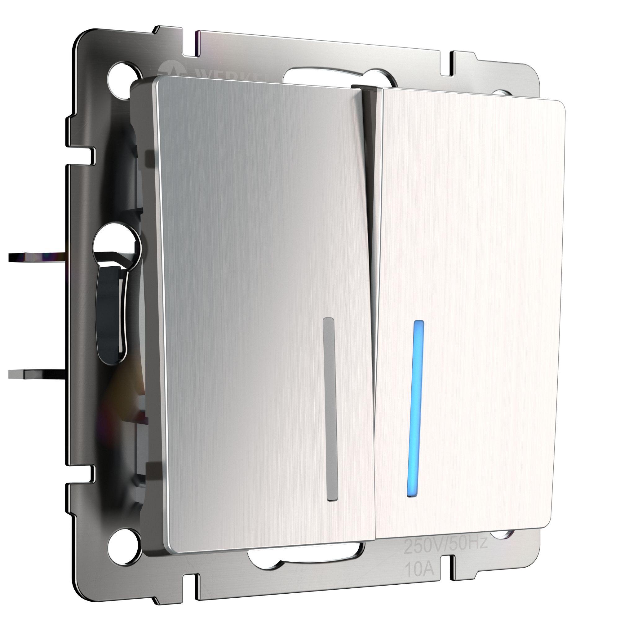 Выключатель двухклавишный проходной с подсветкой глянцевый никель Werkel W1122102