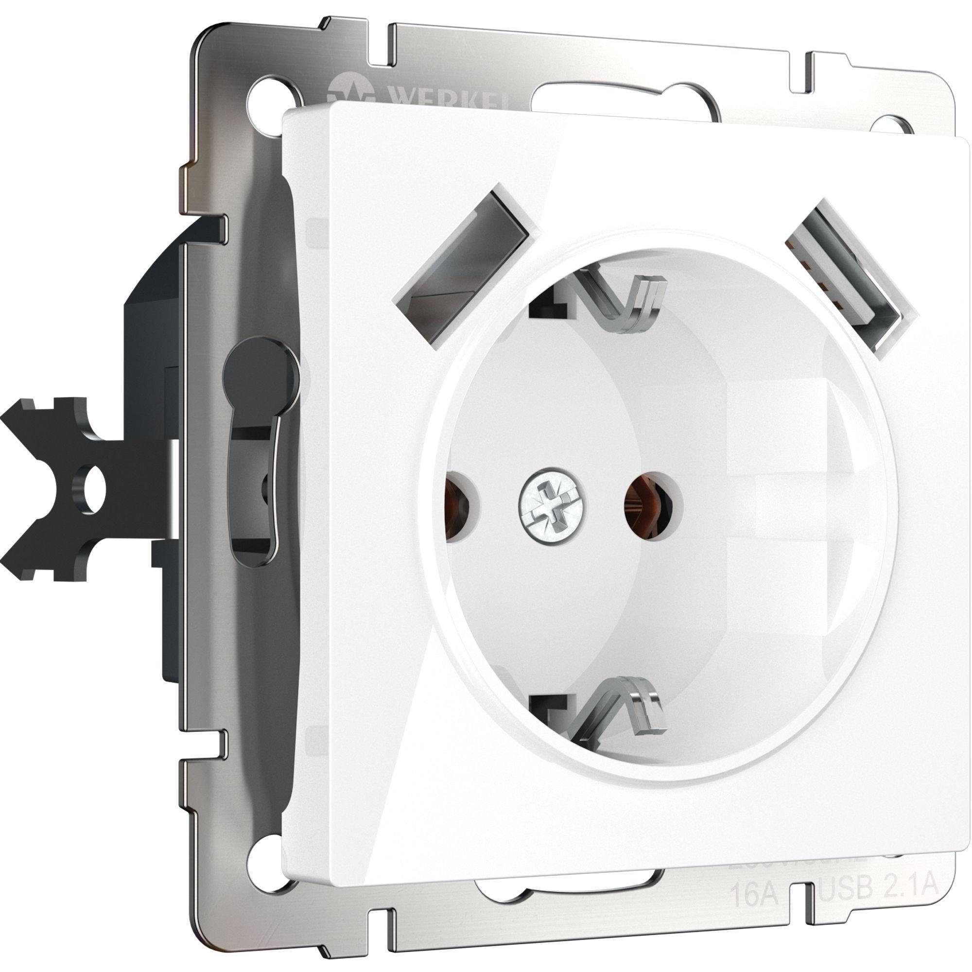 Розетка с заземлением, шторками и USBх2 белая Werkel W1171501