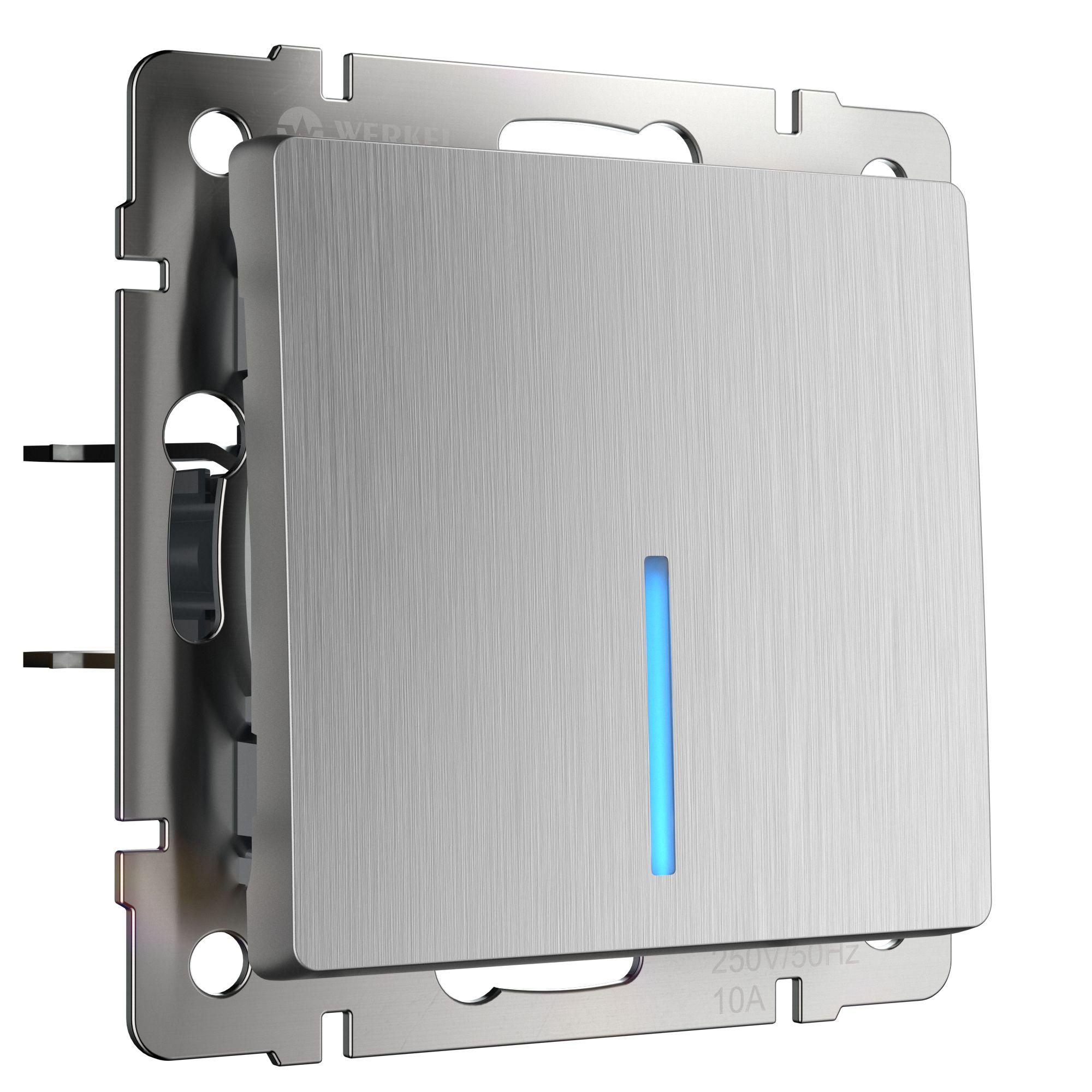 Выключатель одноклавишный проходной с подсветкой cеребряный рифленый Werkel W1112109