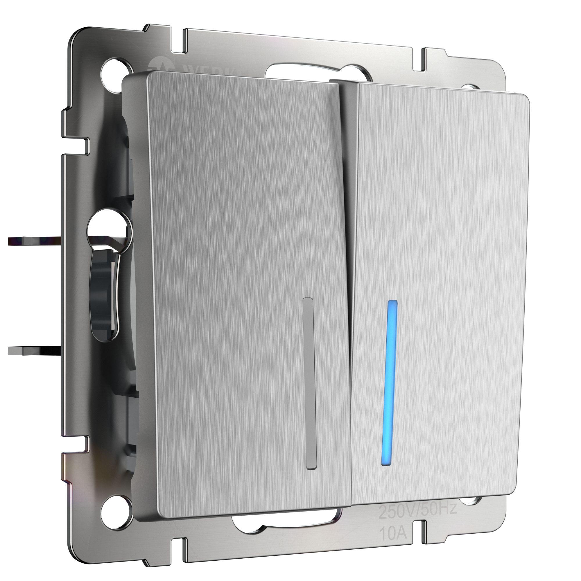 Выключатель двухклавишный проходной с подсветкой cеребряный рифленый Werkel W1122109