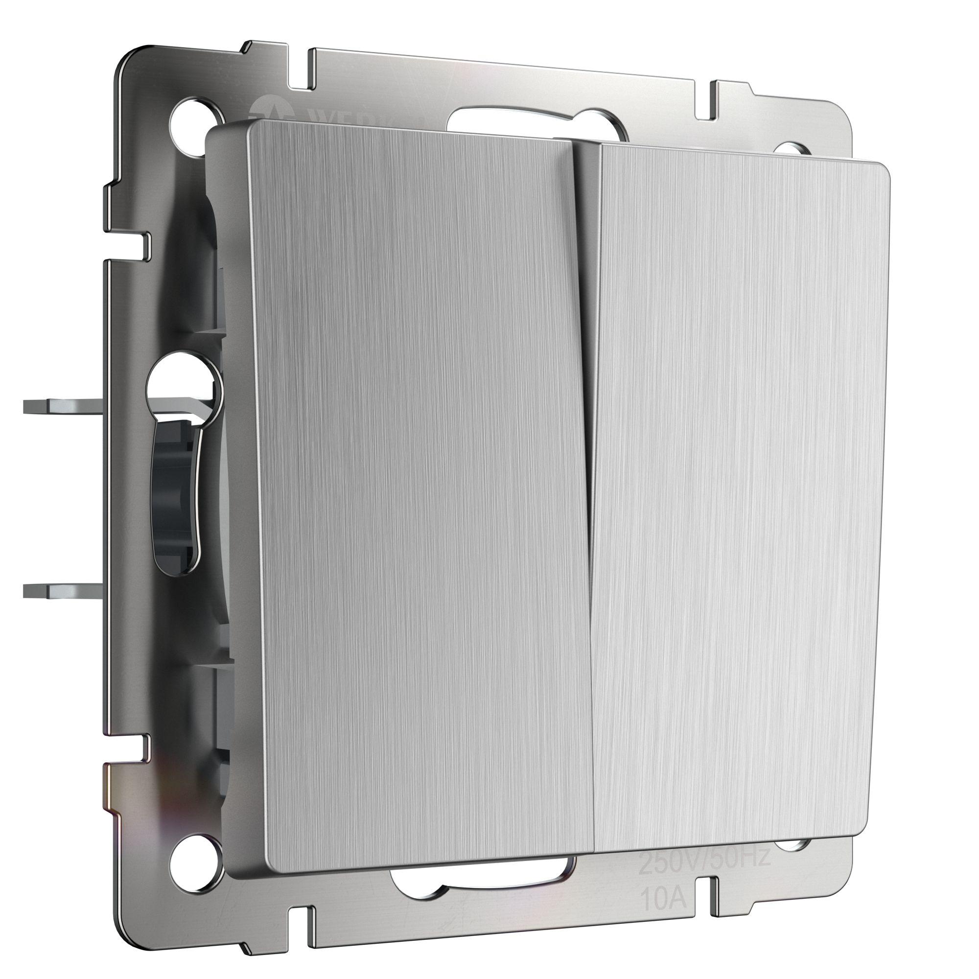 Выключатель двухклавишный cеребряный рифленый Werkel W1120009