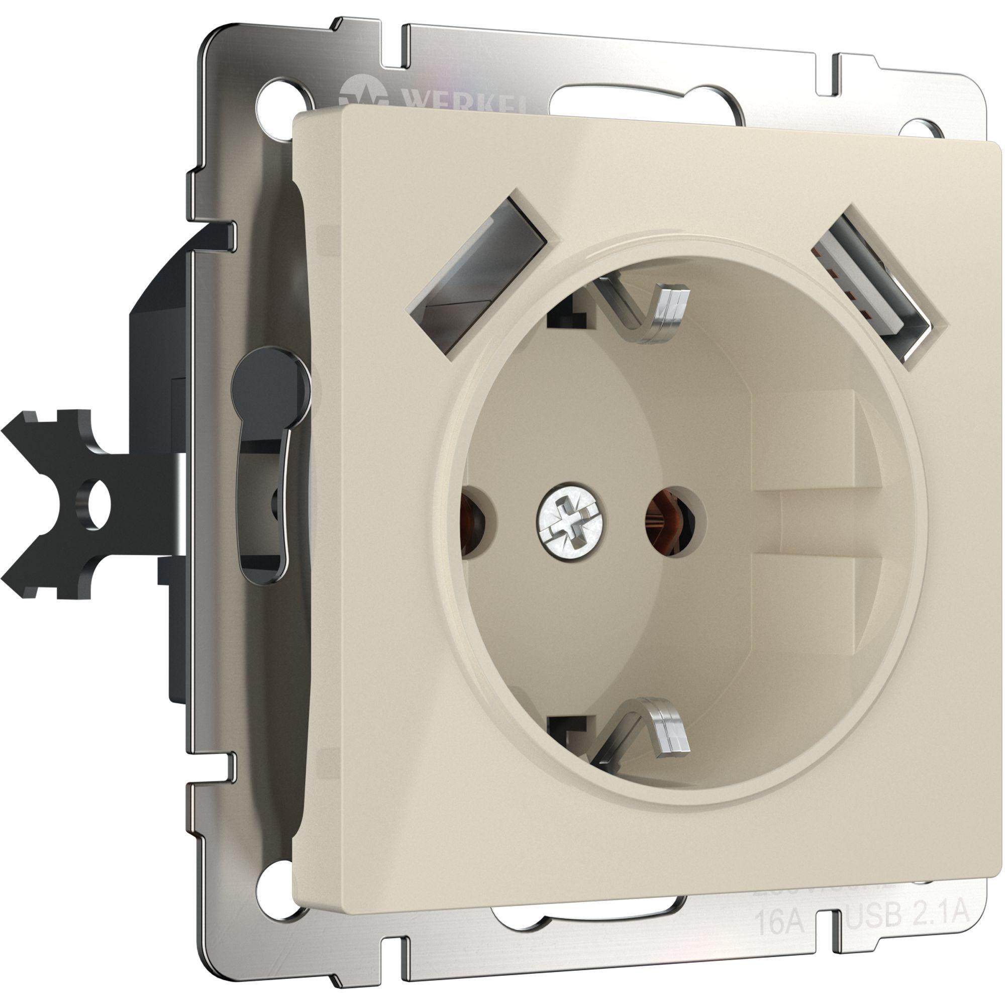 Розетка с заземлением, шторками и USBх2 слоновая кость Werkel W1171503